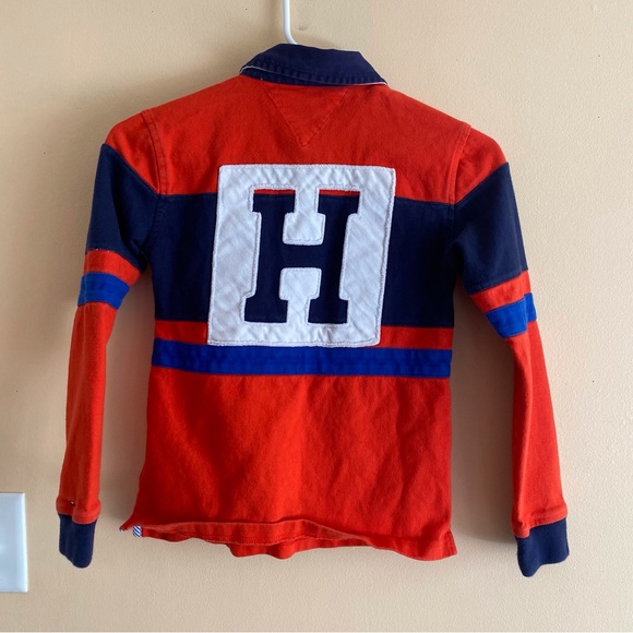 Tommy Hilfiger Long Sleeve Polo Shirt Boys Medium Red Blue Logo Preppy Retro - Picture 3 of 12